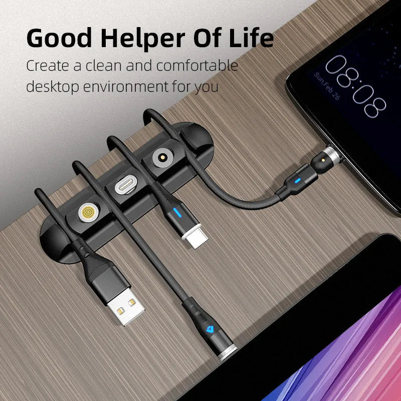 Black soft plastic desktop charging stand with magnetic cable organiser