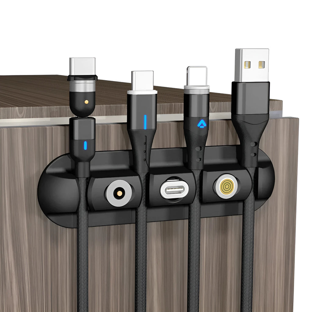 Black soft plastic desktop charging stand with magnetic cable organiser