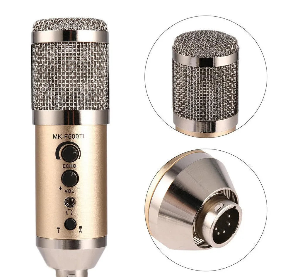 Gold wireless USB condenser microphone with stand bracket for mobile phone and computer.