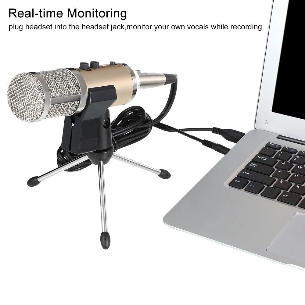 Gold wireless USB condenser microphone with stand bracket for mobile phone and computer.