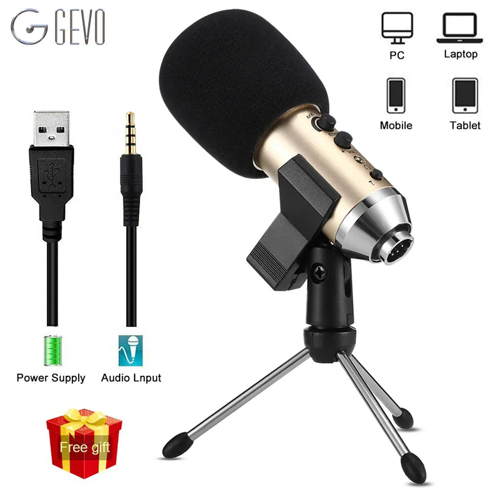 Gold wireless USB condenser microphone with stand bracket for mobile phone and computer.