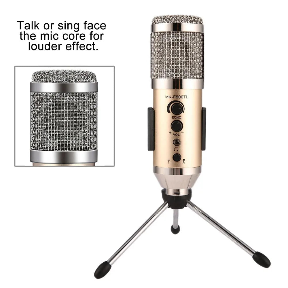 Gold wireless USB condenser microphone with stand bracket for mobile phone and computer.