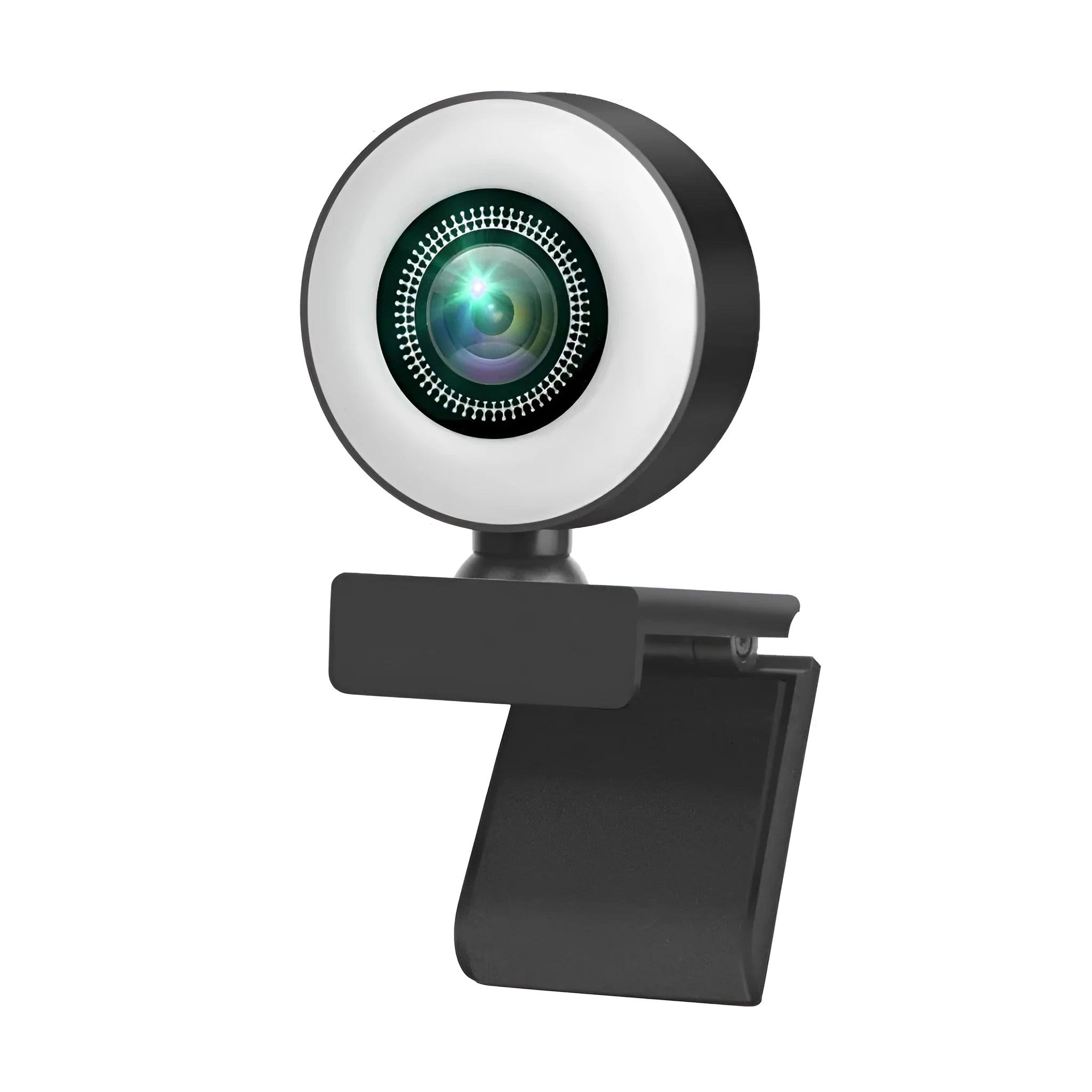 A 2K resolution USB webcam with a built-in LED fill light ring and microphone on a black ABS plastic housing.
