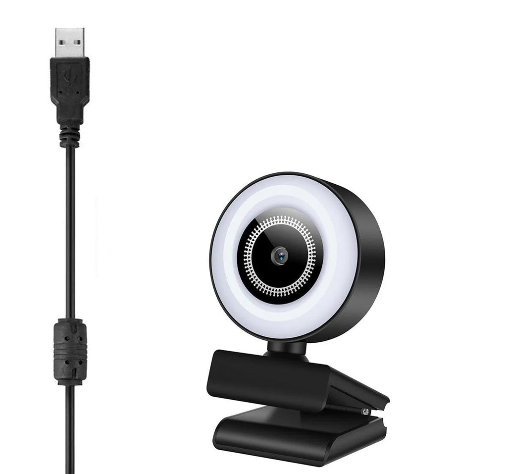 A 2K resolution USB webcam with a built-in LED fill light ring and microphone on a black ABS plastic housing.