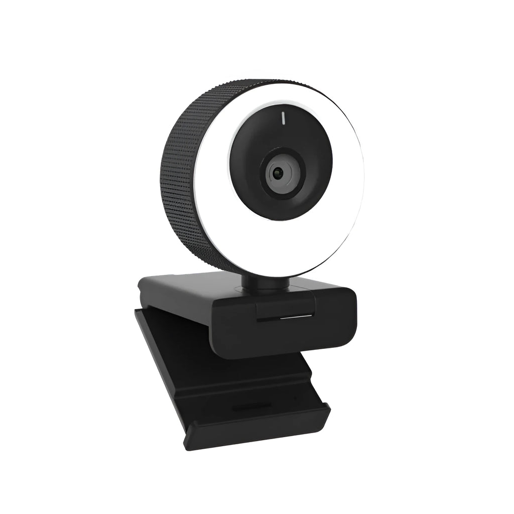 Black USB webcam for computer with magnetic privacy cover, shown on a laptop screen.