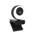 Black USB webcam for computer with magnetic privacy cover, shown on a laptop screen.