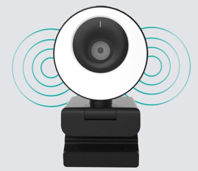Black USB webcam for computer with magnetic privacy cover, shown on a laptop screen.