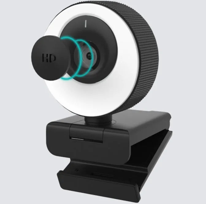 Black USB webcam for computer with magnetic privacy cover, shown on a laptop screen.