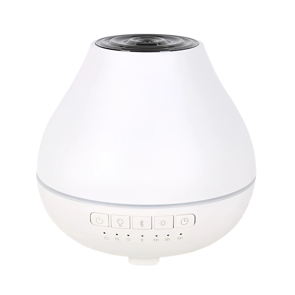 White round Bluetooth aroma diffuser humidifier with night light on a wooden surface.