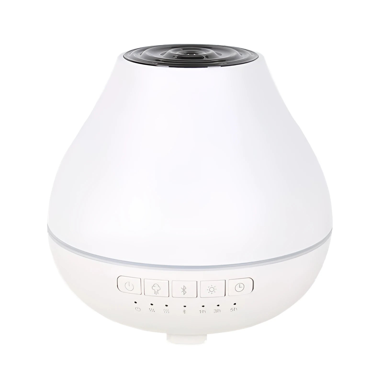 White round Bluetooth aroma diffuser humidifier with night light on a wooden surface.