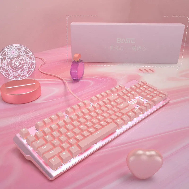 Pink mechanical keyboard with Green Axis switches and matching wired gaming mouse set