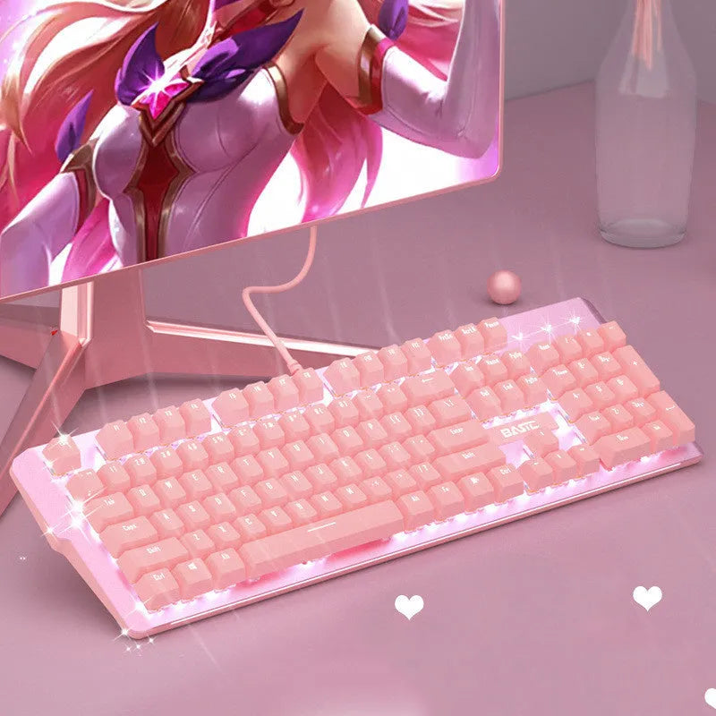 Pink mechanical keyboard with Green Axis switches and matching wired gaming mouse set
