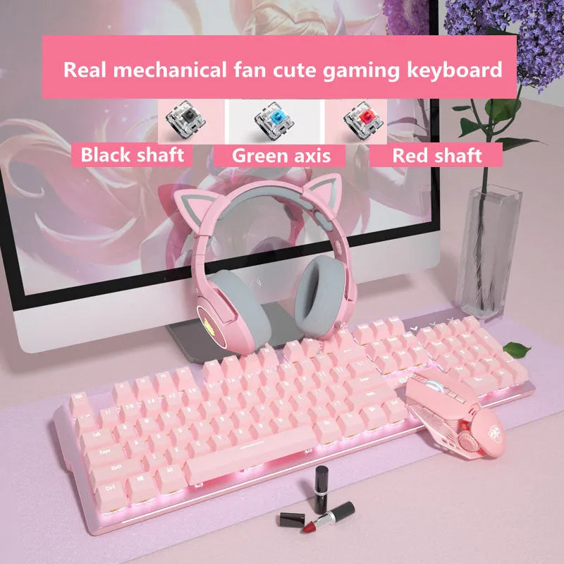 Pink mechanical keyboard with Green Axis switches and matching wired gaming mouse set