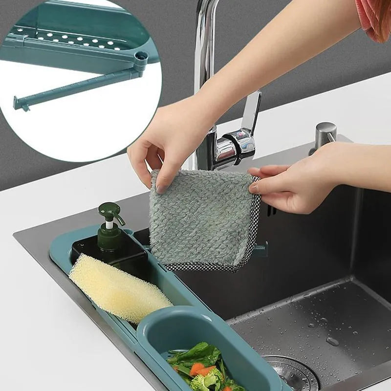 Adjustable telescopic sink rack organiser with drainage basket in kitchen sink