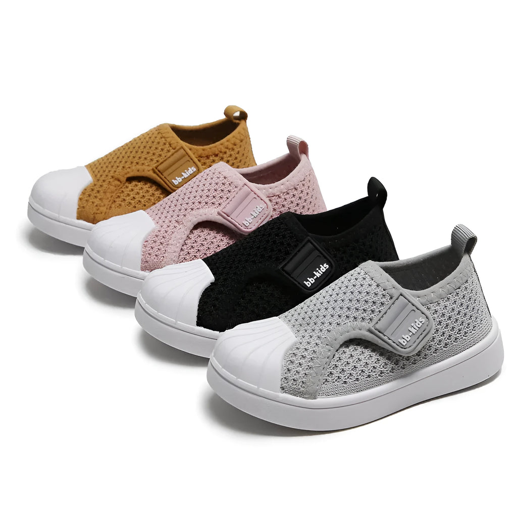 Children's casual non-slip soft bottom sneakers in yellow, gray, rubber powder, and black, breathable striped upper, sizes 21-30