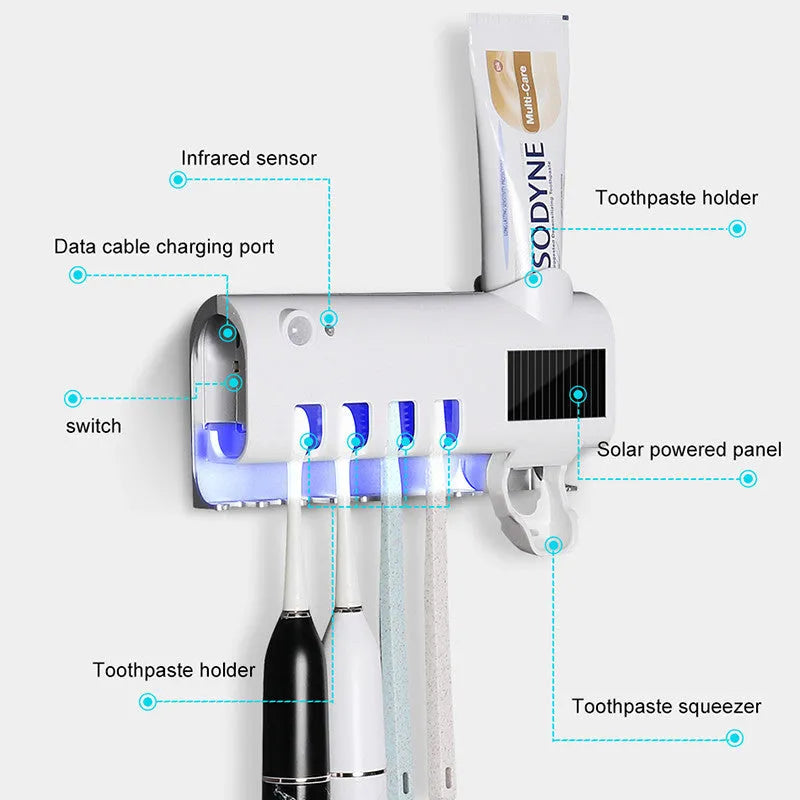 Black smart UV toothbrush steriliser and automatic toothpaste squeezer mounted on a bathroom wall.