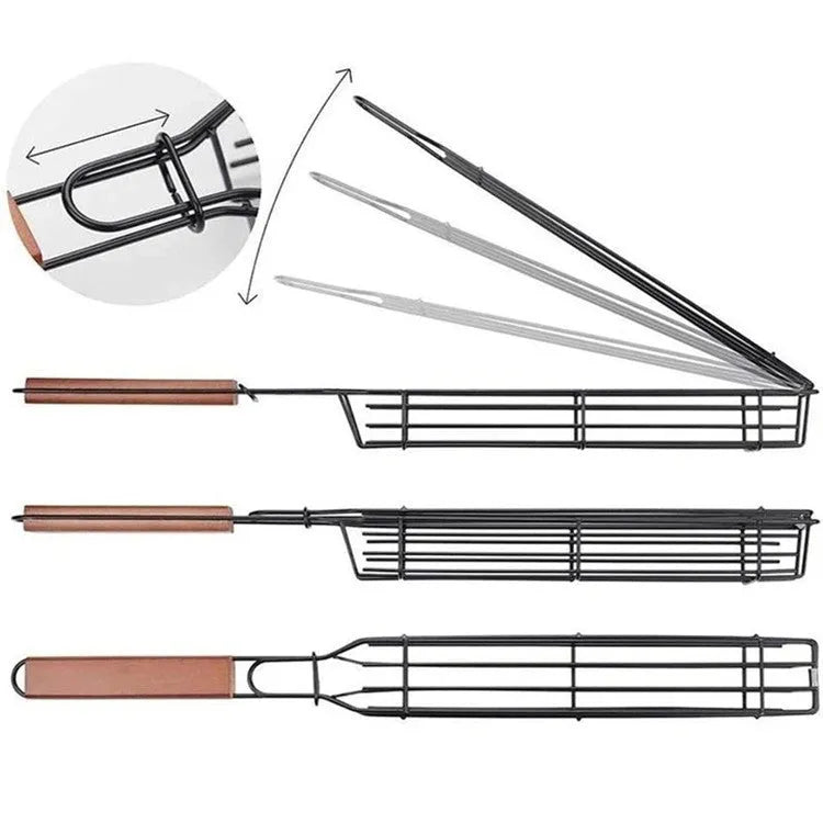 Burlywood barbecue grill mesh basket with rotary lid and long wood handle on a grill