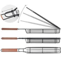 Burlywood barbecue grill mesh basket with rotary lid and long wood handle on a grill
