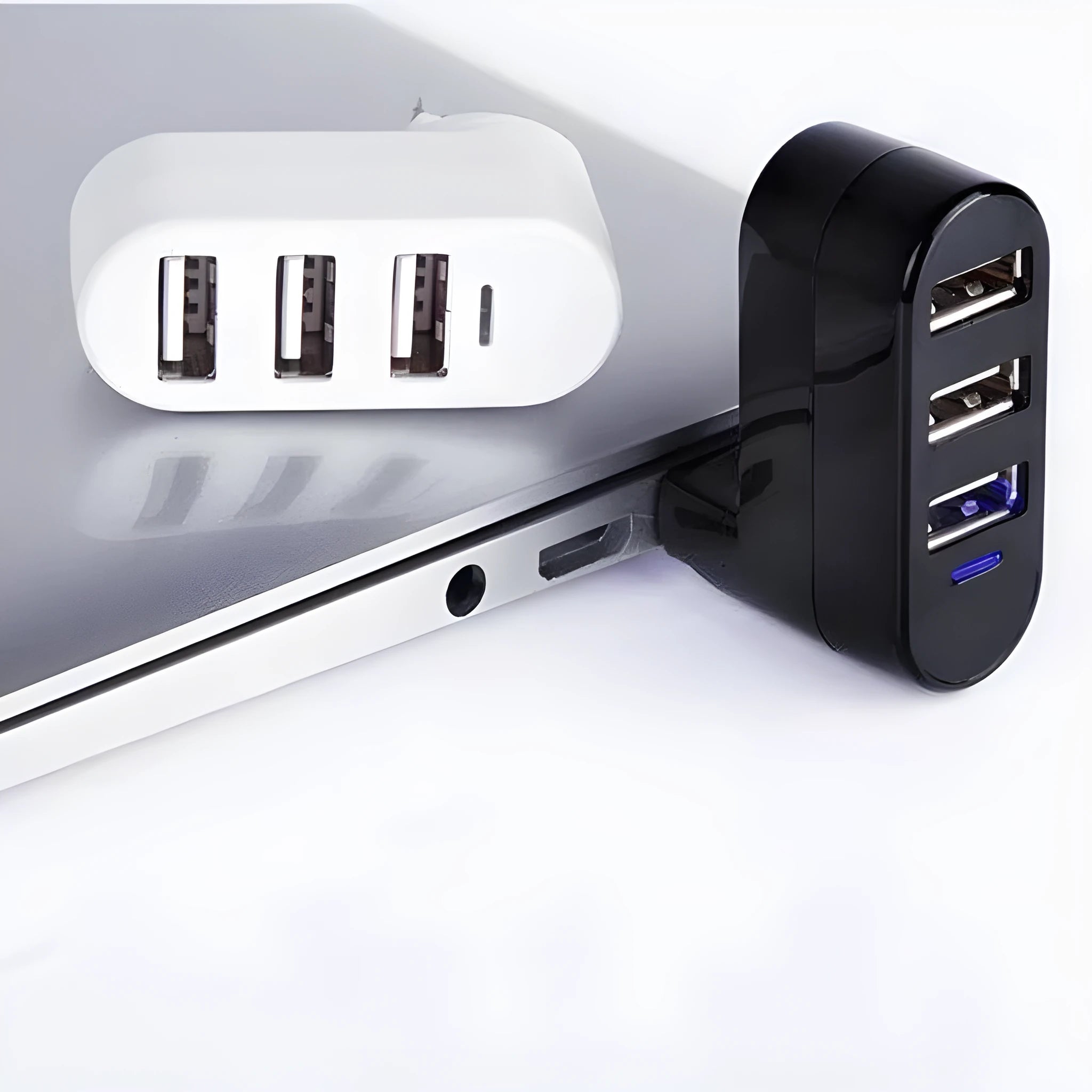USB hub splitter with spin colour design in black and white showing four USB 2.0 ports