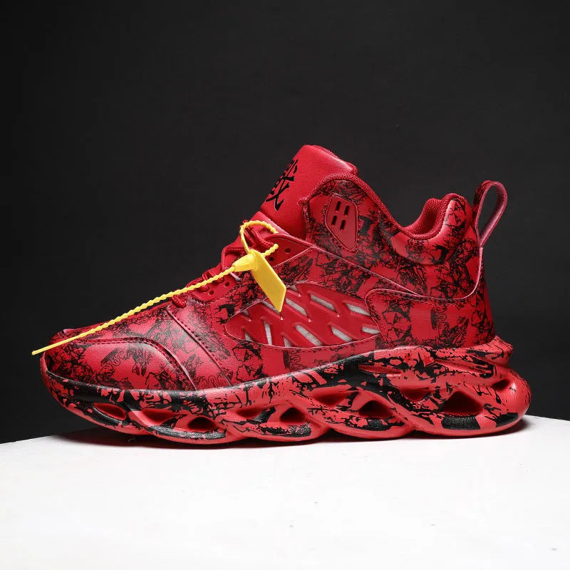 Men's black and green camouflage high-top basketball shoes on a white background