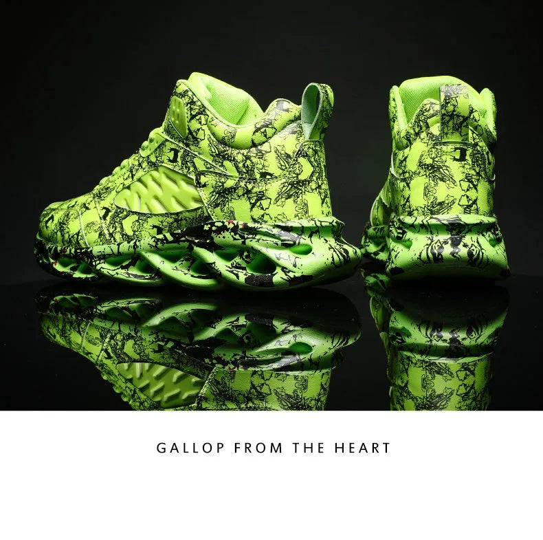 Men's black and green camouflage high-top basketball shoes on a white background