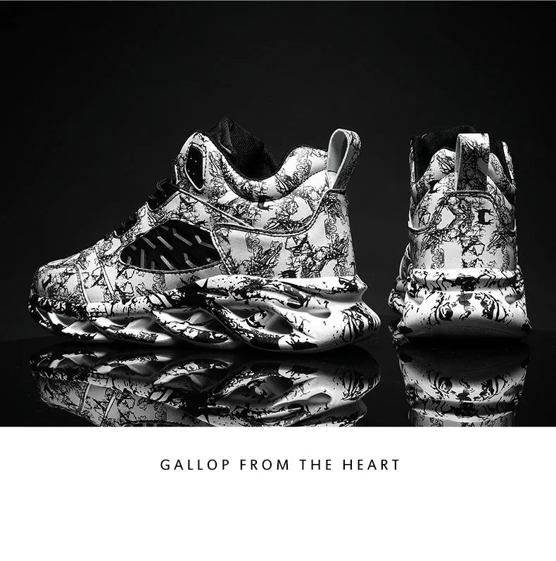 Men's black and green camouflage high-top basketball shoes on a white background