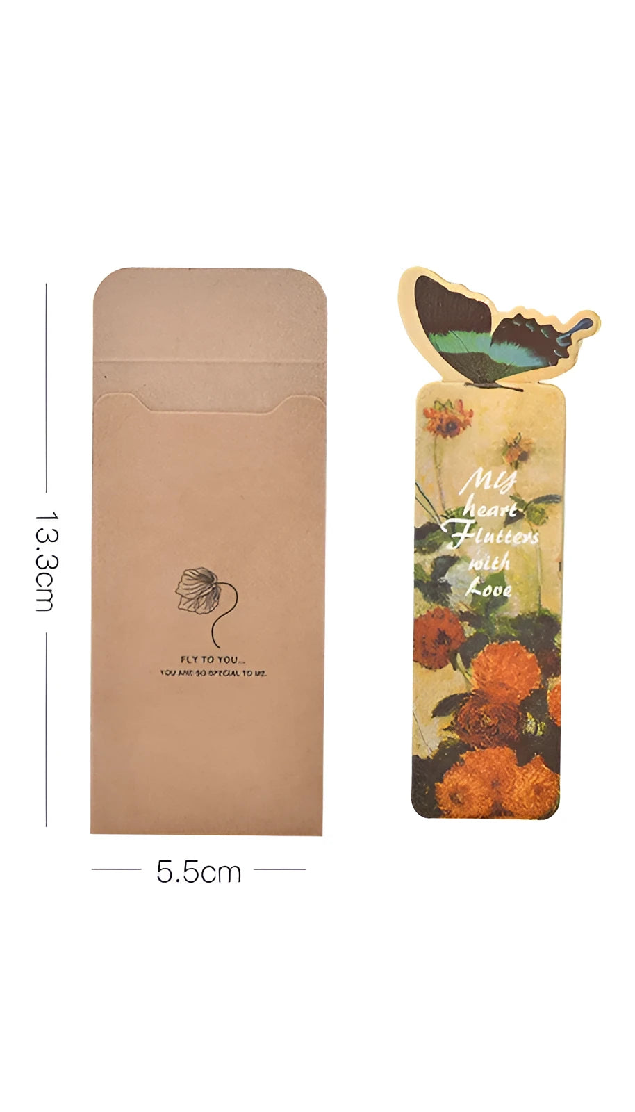 Set of butterfly design paper bookmarks on a white background, showing their 13.5cm length.