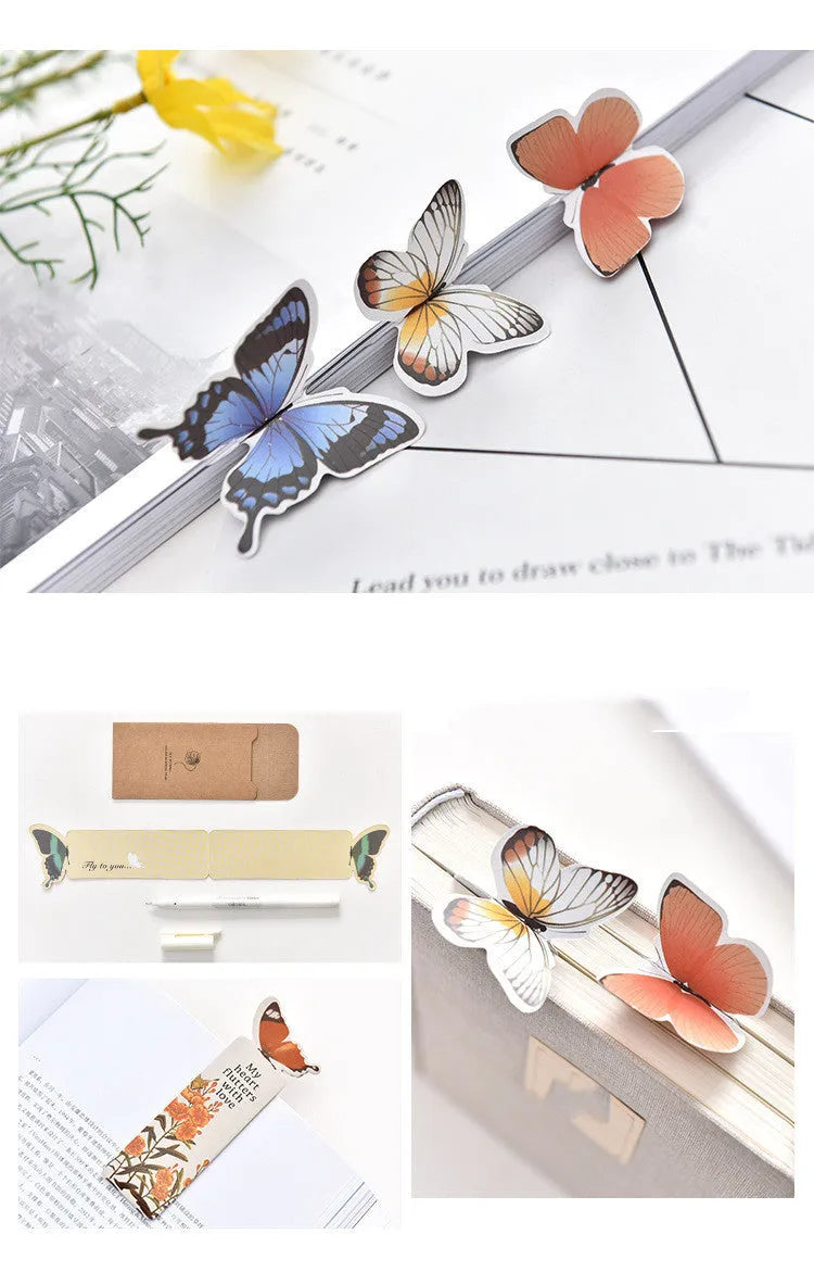 Set of butterfly design paper bookmarks on a white background, showing their 13.5cm length.