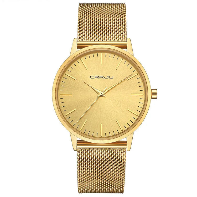 Casual men's and women's quartz watch with alloy case and 30M waterproof rating on a mesh strap.
