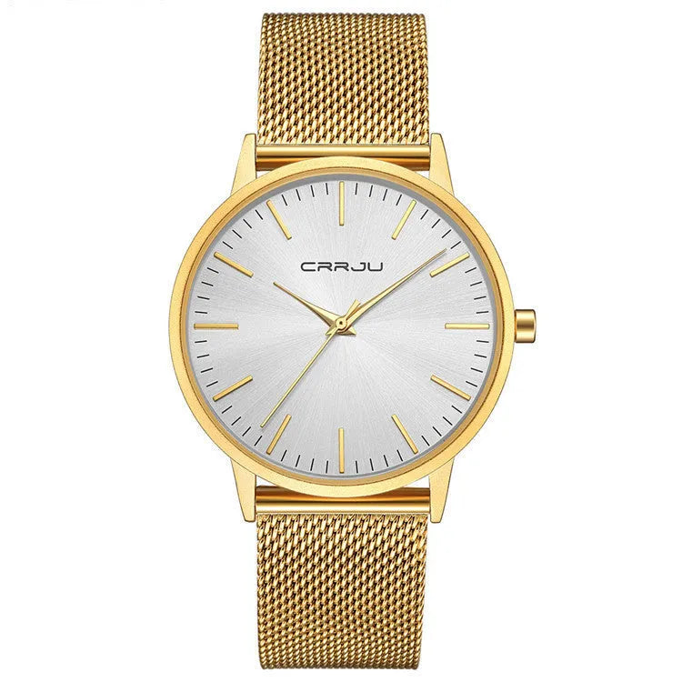 Casual men's and women's quartz watch with alloy case and 30M waterproof rating on a mesh strap.