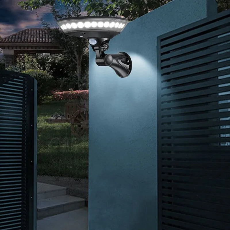 360-degree solar garden light with motion sensor in outdoor setting