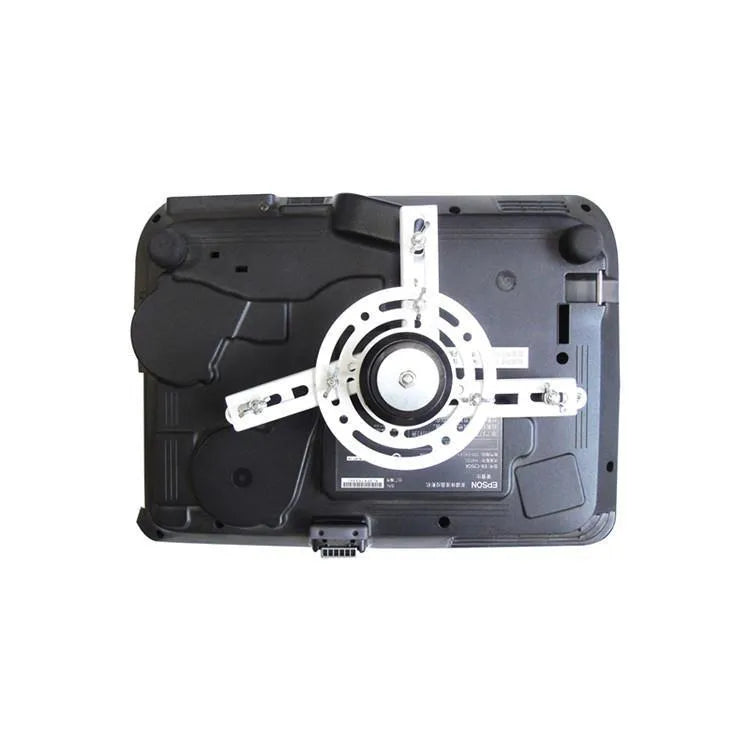 White electric projector lifting hanger with remote control for ceiling mounting.