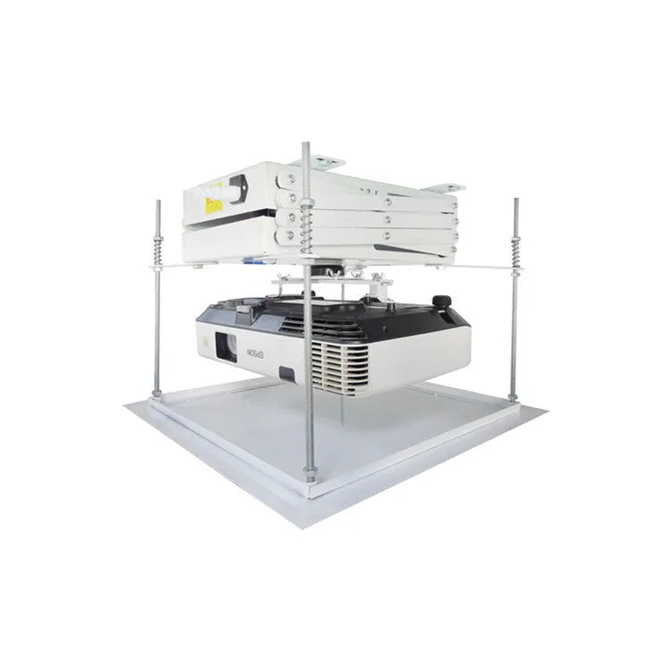 White electric projector lifting hanger with remote control for ceiling mounting.
