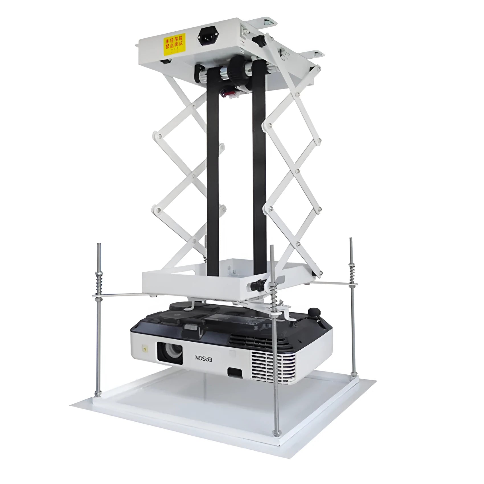 White electric projector lifting hanger with remote control for ceiling mounting.