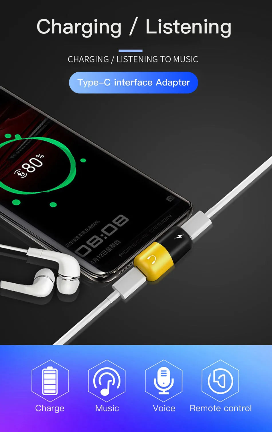 Blue Huawei phone charging case with 3.5mm audio adapter for simultaneous charging and headphone connection