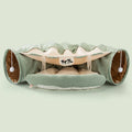 Collapsible cloth cat tunnel in four colour options showing 45cm by 50cm dimensions
