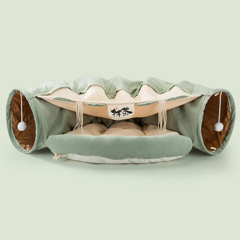 Collapsible cloth cat tunnel in four colour options showing 45cm by 50cm dimensions