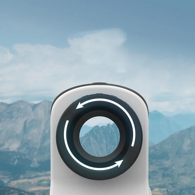 A laser ranging telescope for golf and outdoor distance measurement showing model options for 600m and 800m range.