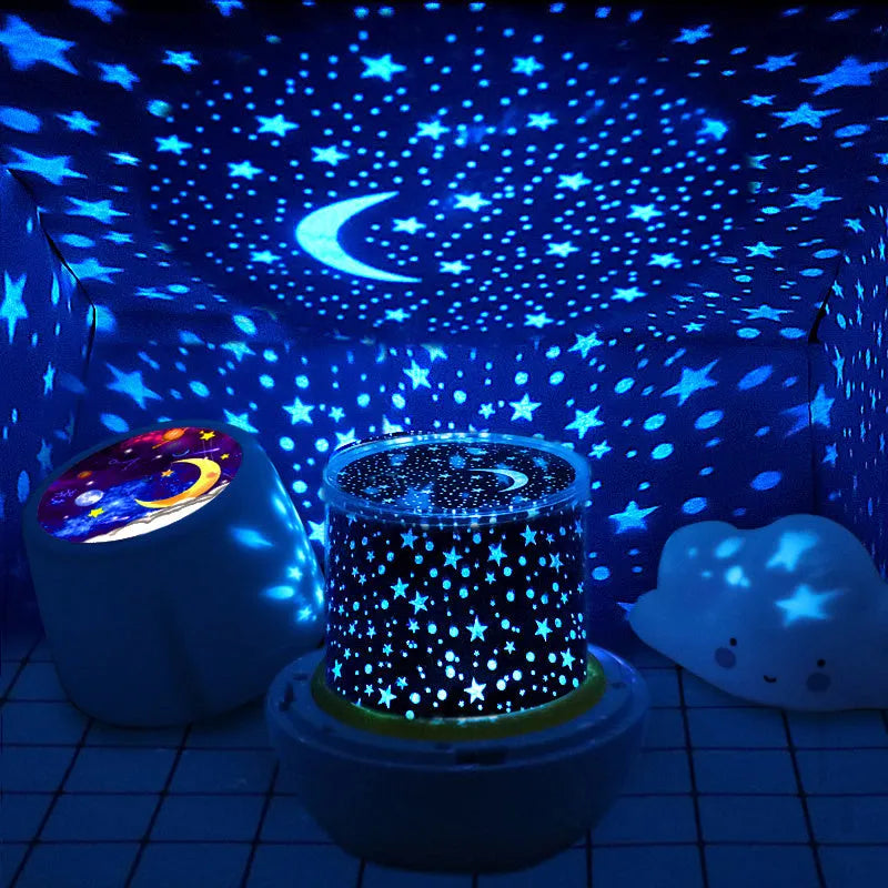 Projector night light displaying rotating star patterns on bedroom ceiling with remote control