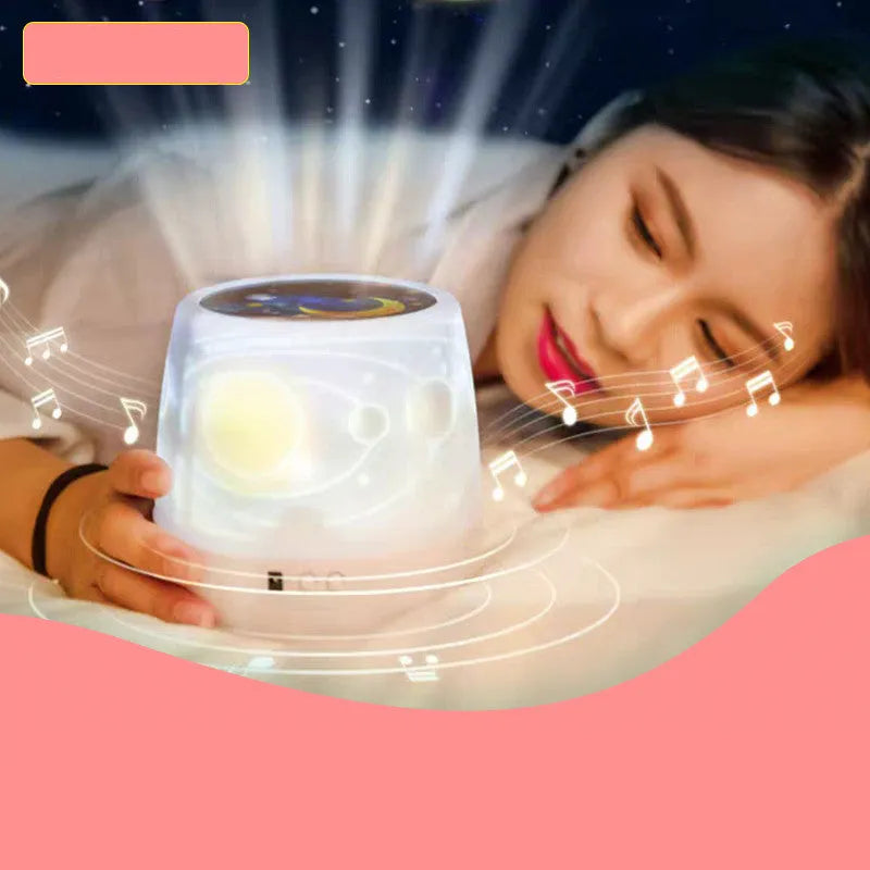 Projector night light displaying rotating star patterns on bedroom ceiling with remote control
