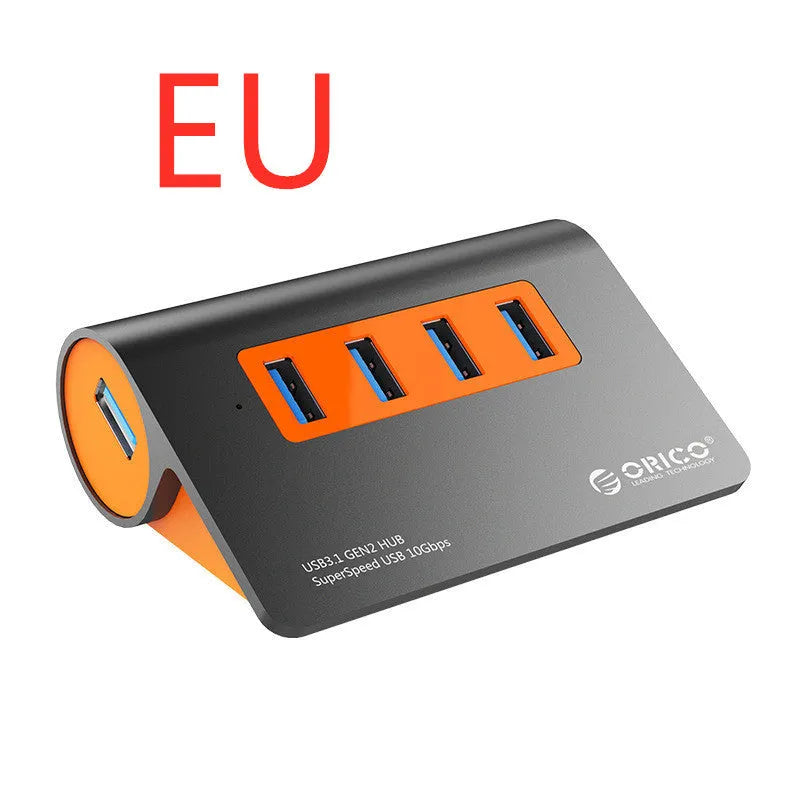 Dark grey and orange aluminium USB 3.1 laptop hub with four ports and 100cm cable