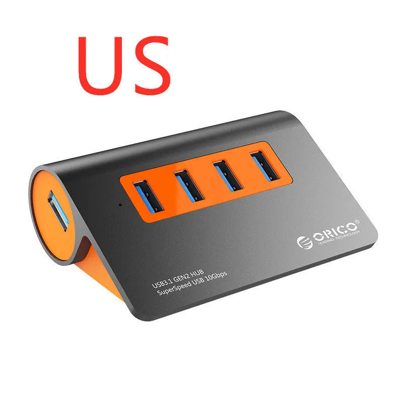 Dark grey and orange aluminium USB 3.1 laptop hub with four ports and 100cm cable