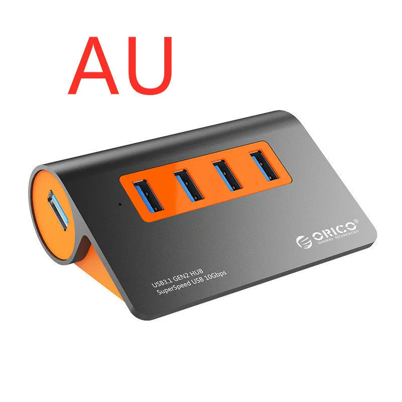 Dark grey and orange aluminium USB 3.1 laptop hub with four ports and 100cm cable