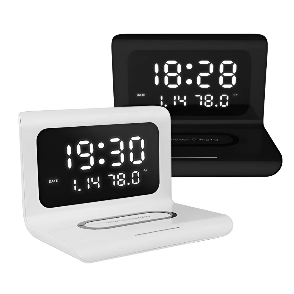 White or black wireless charger alarm clock with digital display showing time temperature humidity and 10W charging status