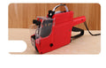 Manual supermarket price labelling machine in blue, red, or yellow with ink roller and paper rolls