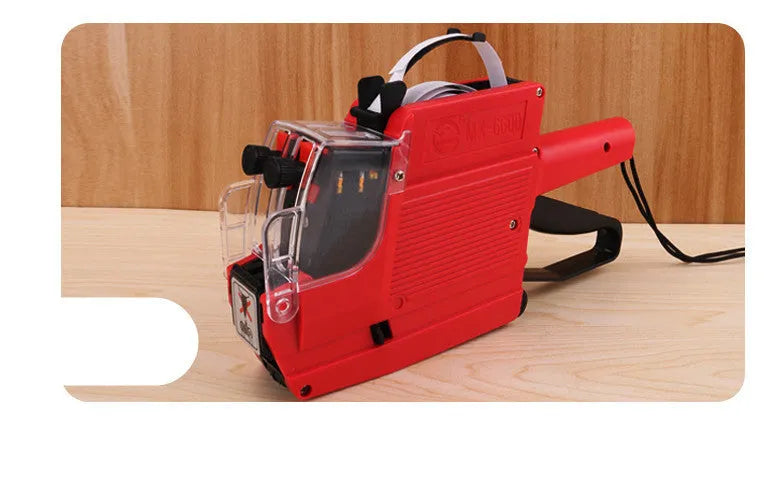 Manual supermarket price labelling machine in blue, red, or yellow with ink roller and paper rolls