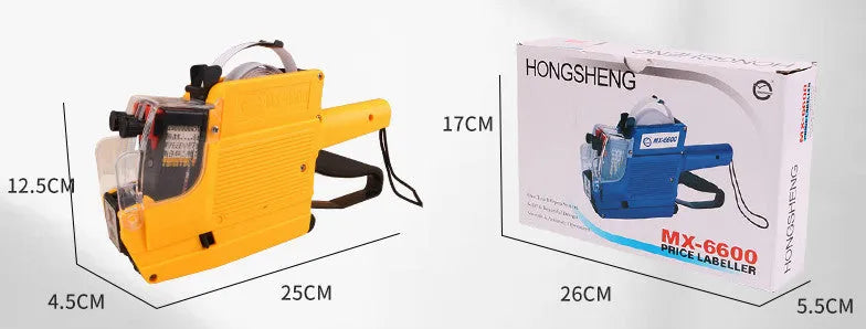 Manual supermarket price labelling machine in blue, red, or yellow with ink roller and paper rolls