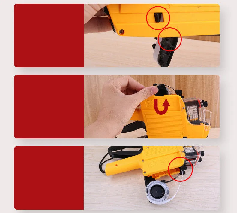 Manual supermarket price labelling machine in blue, red, or yellow with ink roller and paper rolls