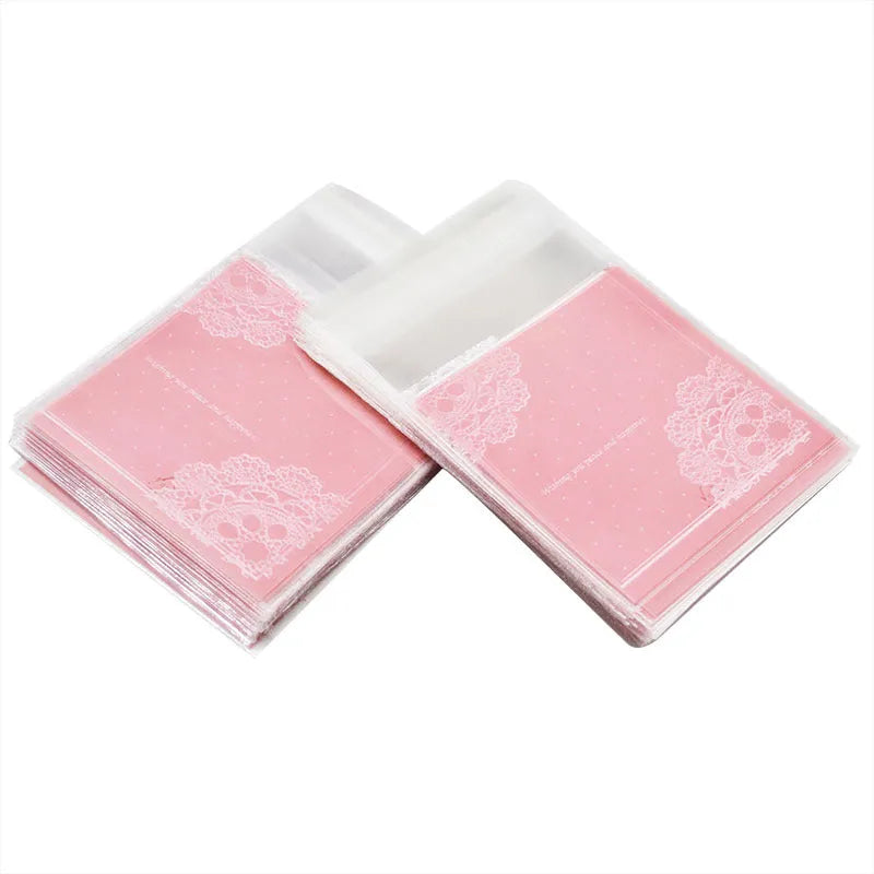 Pink self-adhesive plastic packaging bag showing UV printing and adhesive strip closure