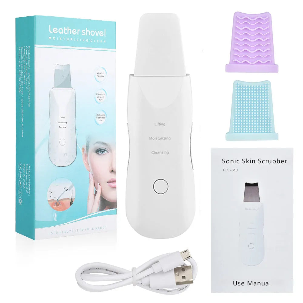 White multi-functional facial beauty instrument with LED colour light, acne needle, blackhead suction and shoveling machine attachments on table